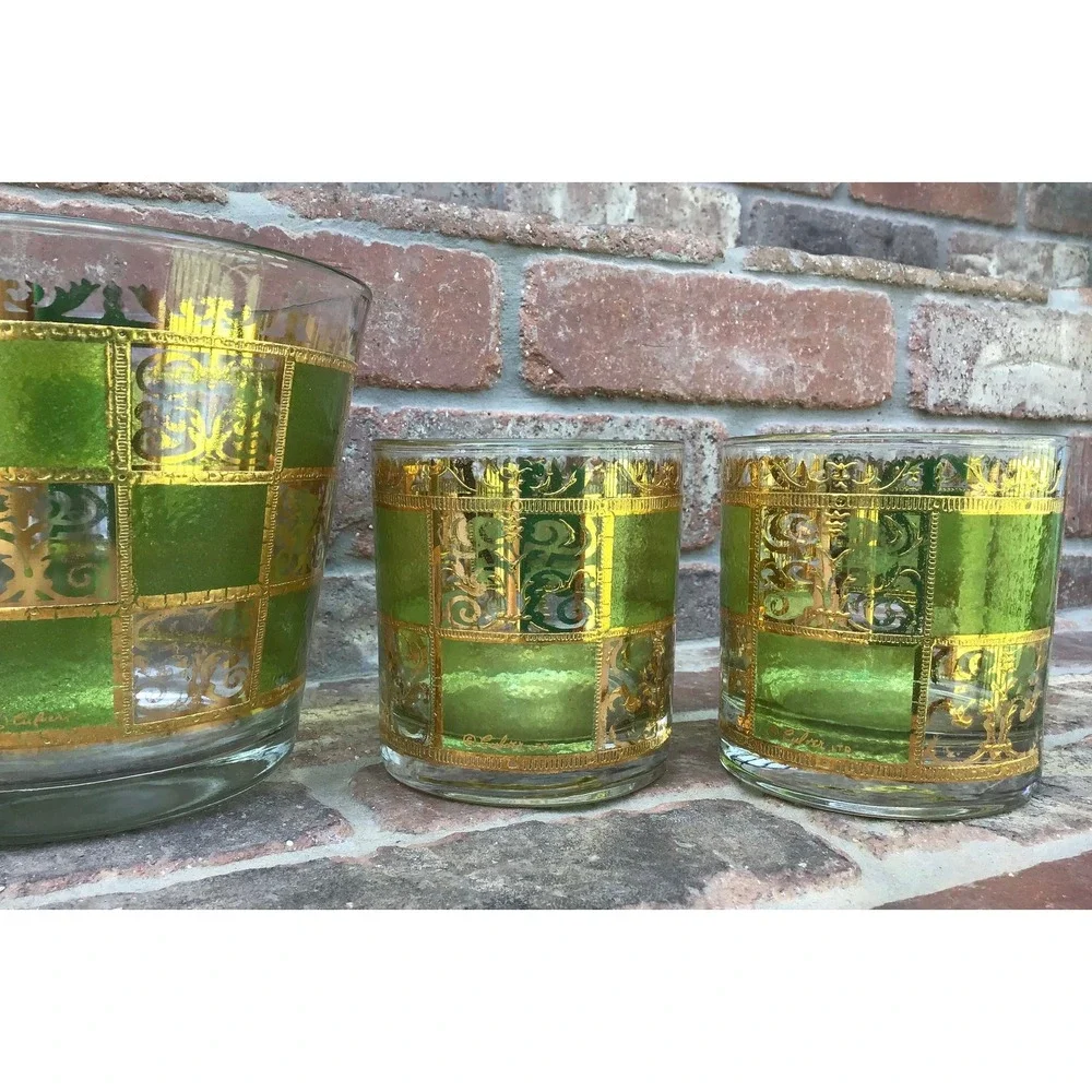 Vtg 60s Culver Prado Green & Gold 22 k Lowball Glasses (4) and Ice Bucket Set